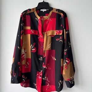 Calvin Klein Button Up Blouse Red Black Floral Patchwork Womens M Career 90s Art